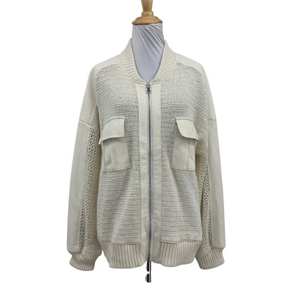Anthropologie Sweaters - Anthropologie Cardigan Womens M Medium Cream Crochet Bomber Faux Leather Panels